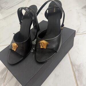 Versace Black Heels with Gold Medusa Accent